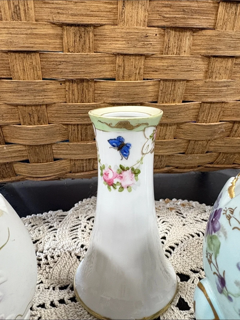 Vintage Ceramic Floral Egg vases and Nippon hat pin holder